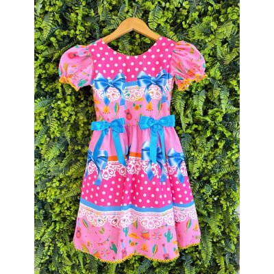 Vestido Infantil Junino Arraiá Rosa Chiclete Festa São João