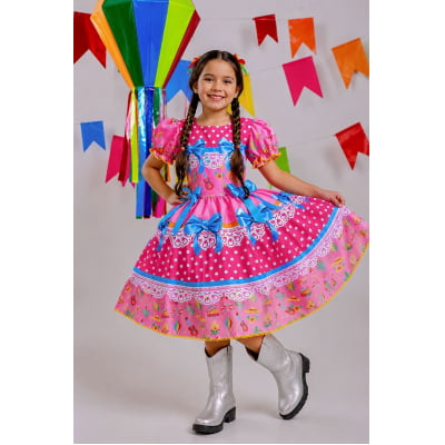 Vestido Infantil Junino Arraiá Rosa Chiclete Festa São João