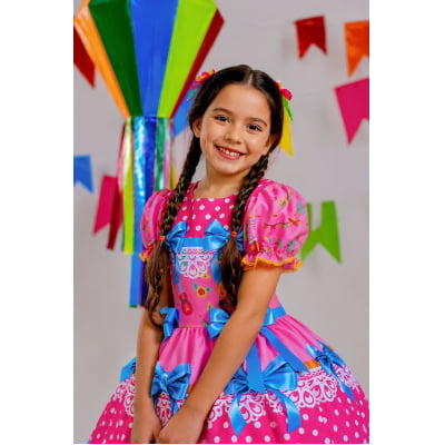 Vestido Infantil Junino Arraiá Rosa Chiclete Festa São João