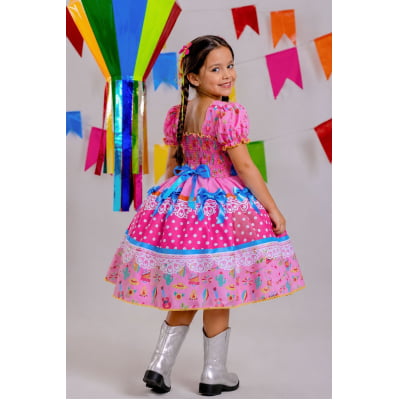 Vestido Infantil Junino Arraiá Rosa Chiclete Festa São João