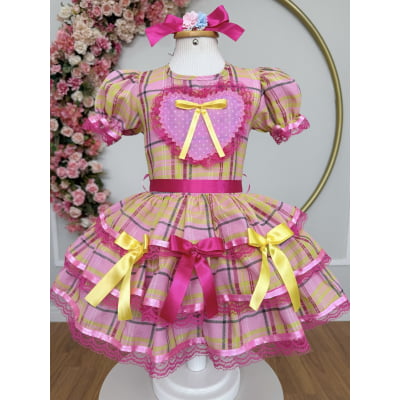 Vestido Infantil Junino Arraiá Rosa Chiclete Xadrez Colorido Vestido Infantil Junino Arraiá Rosa Chiclete Xadrez Colorido
