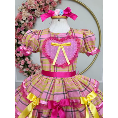 Vestido Infantil Junino Arraiá Rosa Chiclete Xadrez Colorido