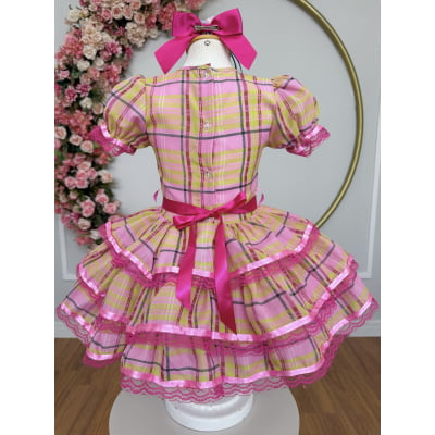 Vestido Infantil Junino Arraiá Rosa Chiclete Xadrez Colorido