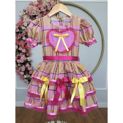 Vestido Infantil Junino Arraiá Rosa Chiclete Xadrez Colorido