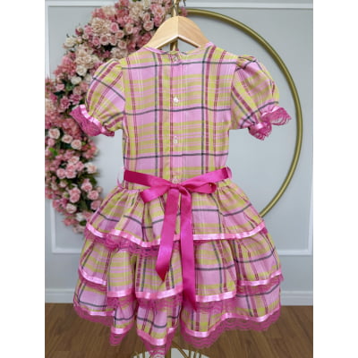 Vestido Infantil Junino Arraiá Rosa Chiclete Xadrez Colorido