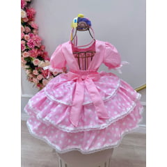 Vestido Infantil Junino Arraiá Rosa Claro Saia C/ Babados