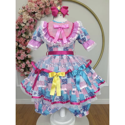 Vestido Infantil Junino Arraiá Rosa Com Florzinhas Colorida Vestido Infantil Junino Arraiá Rosa Com Florzinhas Colorida
