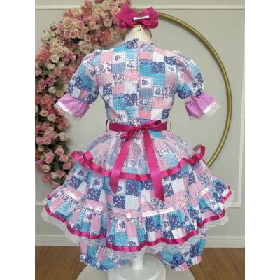 Vestido Infantil Junino Arraiá Rosa Com Florzinhas Colorida