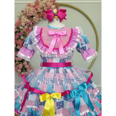 Vestido Infantil Junino Arraiá Rosa Com Florzinhas Colorida