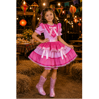 Vestido Infantil Junino Arraiá Rosa Estampa Coraçõezinhos