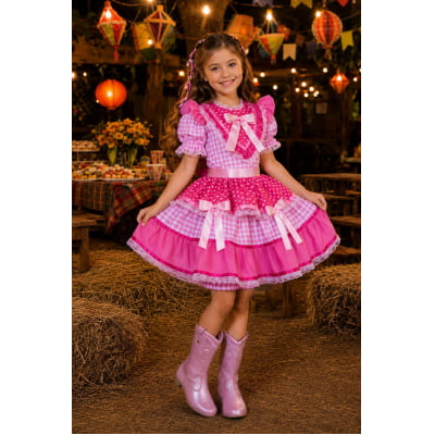 Vestido Infantil Junino Arraiá Rosa Estampa Coraçõezinhos