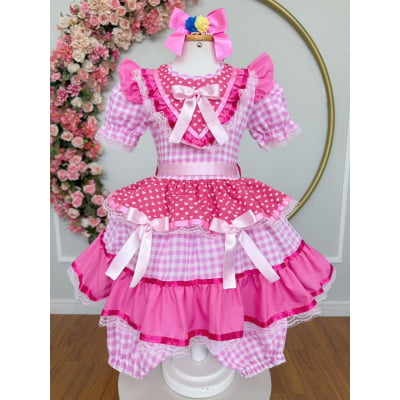 Vestido Infantil Junino Arraiá Rosa Estampa Coraçõezinhos