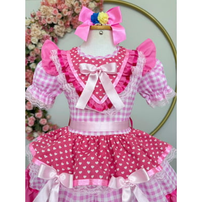 Vestido Infantil Junino Arraiá Rosa Estampa Coraçõezinhos