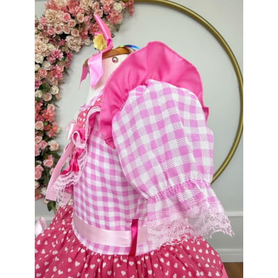 Vestido Infantil Junino Arraiá Rosa Estampa Coraçõezinhos