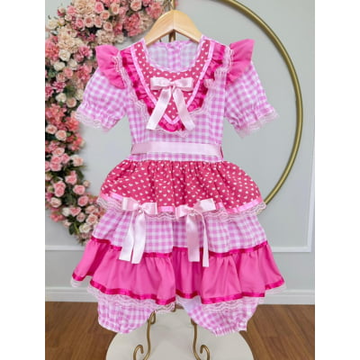 Vestido Infantil Junino Arraiá Rosa Estampa Coraçõezinhos