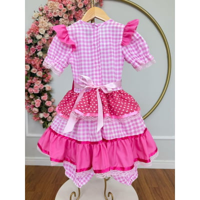 Vestido Infantil Junino Arraiá Rosa Estampa Coraçõezinhos