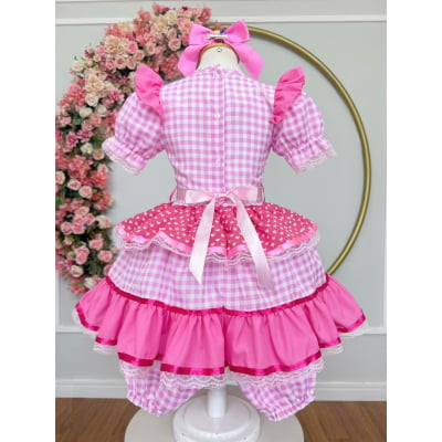 Vestido Infantil Junino Arraiá Rosa Estampa Coraçõezinhos