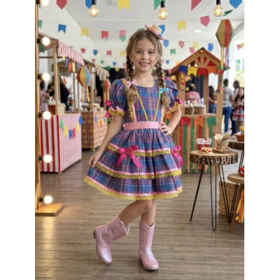 Vestido Infantil Junino Arraiá Rosa Xadrez Colorido