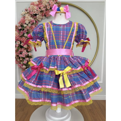 Vestido Infantil Junino Arraiá Rosa Xadrez Colorido