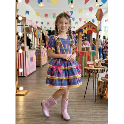 Vestido Infantil Junino Arraiá Rosa Xadrez Colorido