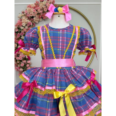 Vestido Infantil Junino Arraiá Rosa Xadrez Colorido