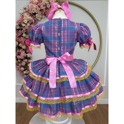 Vestido Infantil Junino Arraiá Rosa Xadrez Colorido