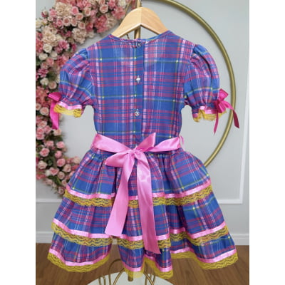 Vestido Infantil Junino Arraiá Rosa Xadrez Colorido