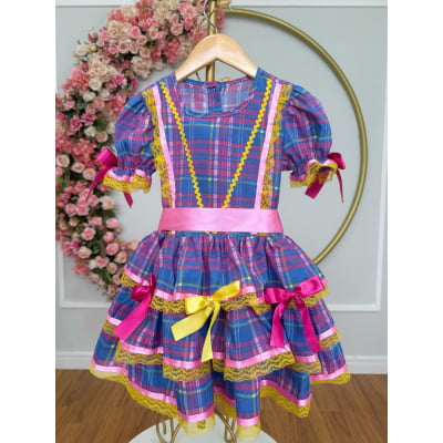 Vestido Infantil Junino Arraiá Rosa Xadrez Colorido