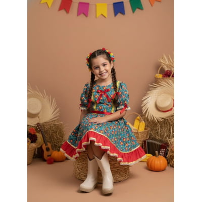 Vestido Infantil Junino Arraiá Verde C/ Estampa Colorida