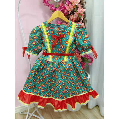 Vestido Infantil Junino Arraiá Verde C/ Estampa Colorida
