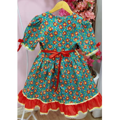 Vestido Infantil Junino Arraiá Verde C/ Estampa Colorida