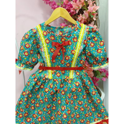 Vestido Infantil Junino Arraiá Verde C/ Estampa Colorida