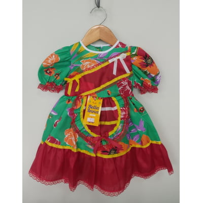 Vestido Infantil Junino Arraiá Verde e Vermelho Colorido
