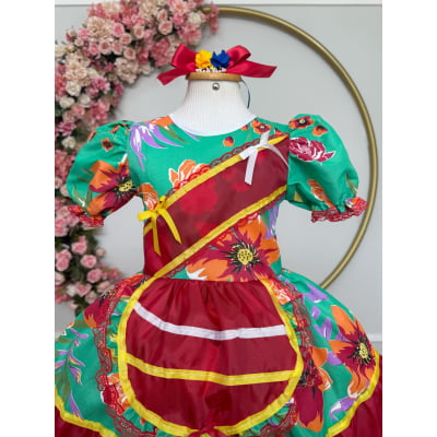 Vestido Infantil Junino Arraiá Verde e Vermelho Colorido