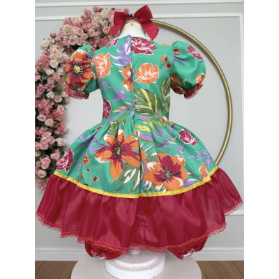 Vestido Infantil Junino Arraiá Verde e Vermelho Colorido