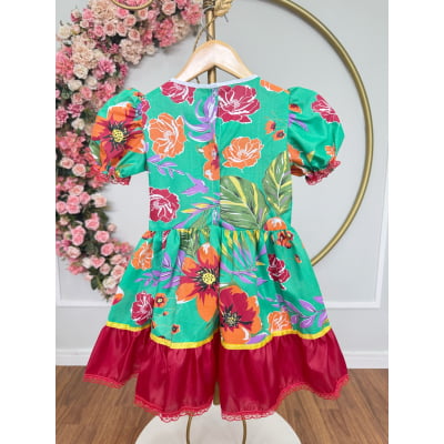 Vestido Infantil Junino Arraiá Verde e Vermelho Colorido