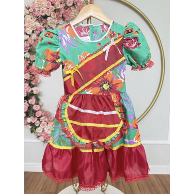 Vestido Infantil Junino Arraiá Verde e Vermelho Colorido