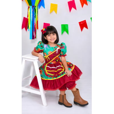 Vestido Infantil Junino Arraiá Verde e Vermelho