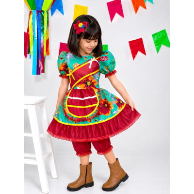 Vestido Infantil Junino Arraiá Verde e Vermelho Vestido Infantil Junino Arraiá Verde e Vermelho