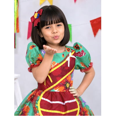 Vestido Infantil Junino Arraiá Verde e Vermelho