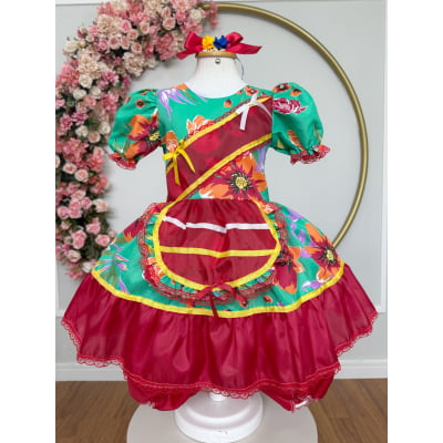 Vestido Infantil Junino Arraiá Verde e Vermelho