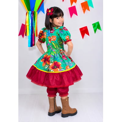 Vestido Infantil Junino Arraiá Verde e Vermelho