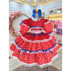 Vestido Infantil Junino Arraiá Vermelho C/ Desenho Corações