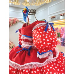 Vestido Infantil Junino Arraiá Vermelho C/ Desenho Corações