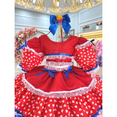 Vestido Infantil Junino Arraiá Vermelho C/ Desenho Corações
