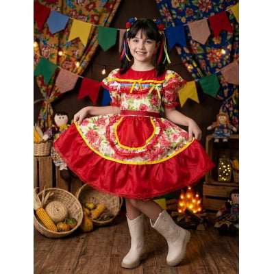 Vestido Infantil Junino Arraiá Vermelho Colorido Florzinhas