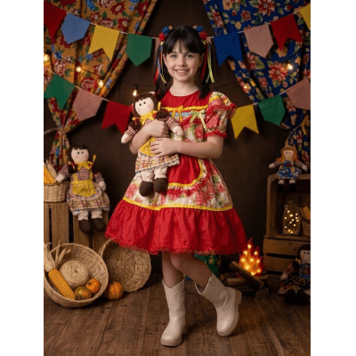 Vestido Infantil Junino Arraiá Vermelho Colorido Florzinhas