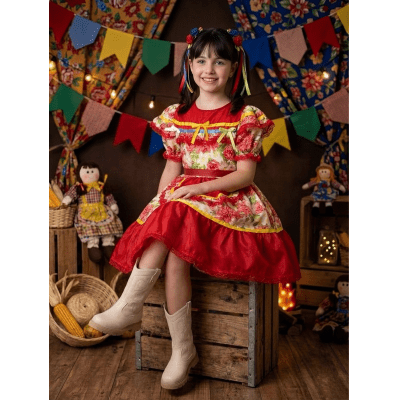 Vestido Infantil Junino Arraiá Vermelho Colorido Florzinhas
