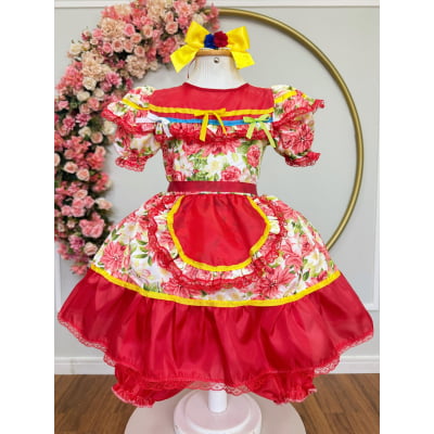 Vestido Infantil Junino Arraiá Vermelho Colorido Florzinhas