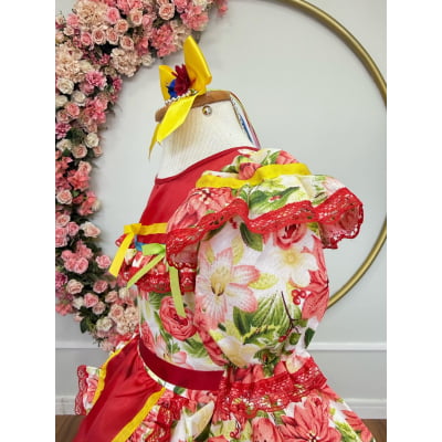 Vestido Infantil Junino Arraiá Vermelho Colorido Florzinhas